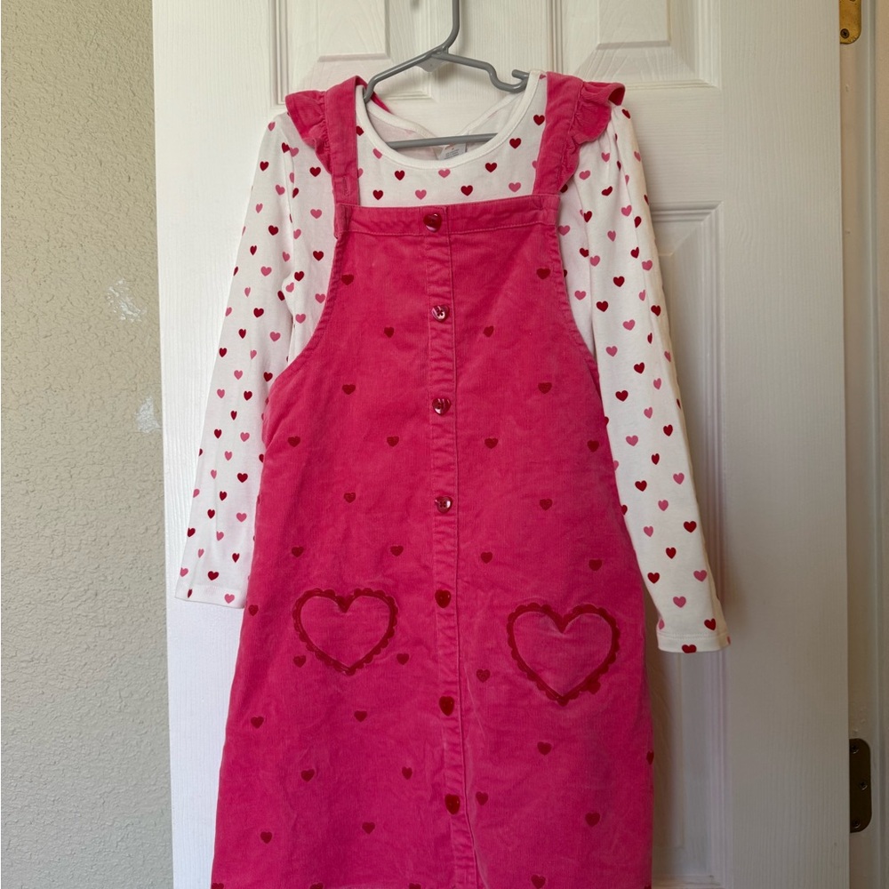 Gymboree White Top with Pink and Red Hearts with Pink Corduroy Jumper